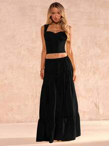 SHEIN Glamour Bộ đồ nữ thanh lịch, gợi cảm gồm áo hai dây màu vàng nhạt và chân váy xếp tầng lãng mạn, thích hợp cho kỳ nghỉ, dạo phố, hẹn hò và du lịch. - màu đen - Xem 5