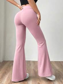 SHEIN EZwear 女士粉色针织修身喇叭裤，夏季阔腿裤，女士高腰阔腿裤，女士喇叭瑜伽裤，女士喇叭打底裤，阔腿瑜伽裤 - 粉色 - 查看 2