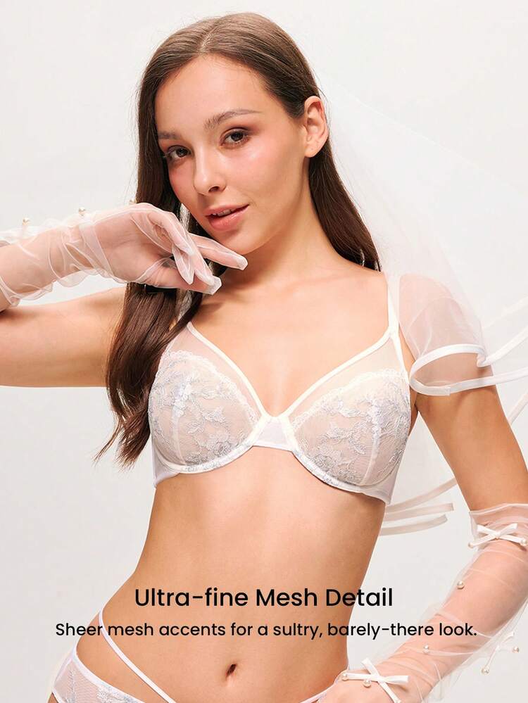 Lencería de mujer con cobertura completa, sujetador con aros y transpirable, sexy sin forro, encaje bordado, color azul claro y blanco, sujetador de novia y boda, sujetador de malla y encaje blanco, sujetador minimalista de novia