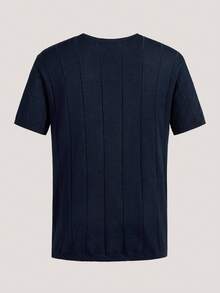 Men's Summer Crew Neck Ribbed Knit Short Sleeve T-Shirt - Navy Blue - View 2
