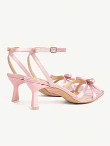 CUCCOO CHICEST Giày sandal cao gót quai chéo màu hồng satin, gót vuông, nơ, hở mũi. - Hồng - Xem 4