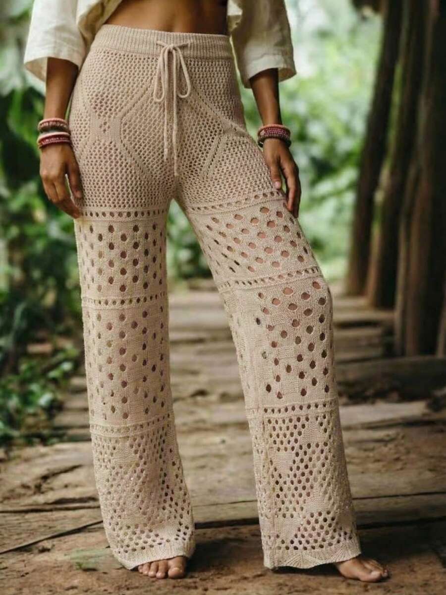 Breezaya Mẫu quần ống rộng dệt kim màu be mới về dành cho nữ - Eo có dây rút, họa tiết ren xếp tầng, nét quyến rũ nữ tính ven biển và phong cách thường ngày cổ điển. - Màu Khaki - Xem 1