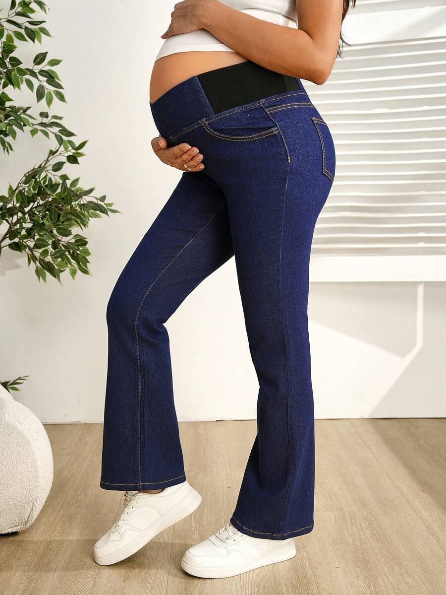 SHEIN 孕妇弹力紧身牛仔裤 - 深色水洗藍 - 查看 1