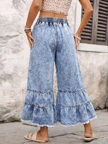 Brillora Women's Elastic Waist Ruffle Hem Loose Fit Casual Denim Jeans, Summer - Light Wash - View 2