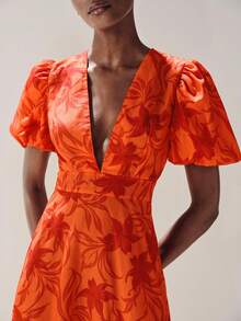 Aveloria Modichic Women Light Woven Floral Printed Fabric High Waist A-Line Swing Fit Deep V-Neck Puff Short Sleeve Design Elegant Vacation Style Red Floral Dresses For Women Summer Vacation Outfits Women Elegant Dresses For Women Red Dresses For Women Wrap Around Dresses For Ladies Women's Talk Dress Ycv9w Discount Code For Woman Dress Wrap Dress Wedding Guest - Orange - View 3