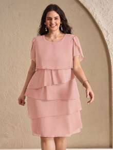 Chikora Plus Size Elegant Solid Color Multi-Layer Dress, Summer - Pink - View 3