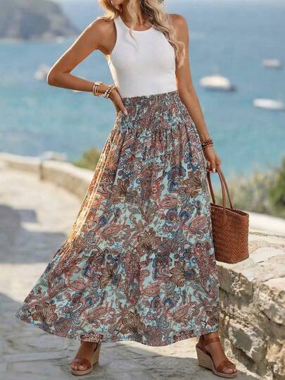 Louniche Women's High Waist A-Line Bohemian Floral Print Skirt, Suitable For Casual, Vacation, Travel