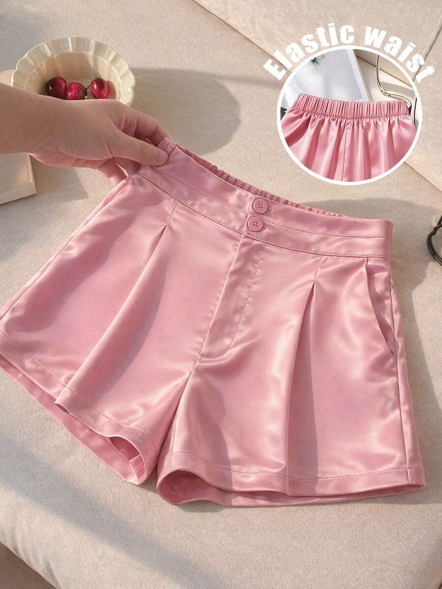 Franclia Casual Pink Plus Size Straight Leg Mini Shorts With Satin Finish And Zipper - Pink - View 1