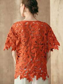 Arave Áo thun nữ thêu họa tiết, thanh lịch, thường ngày, cổ tròn, tay ngắn. - trái cam - Xem 7