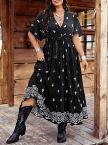 Ceyna Plus Size Black Woven Casual Vacation Elegant Drawstring Shoulder Sleeve Waist Dress, Spring/Summer Boho Plus Size Dresses Plus Size Women's Clothing Stores Online Plus Size Rodeo Outfits Plus Size Western Dresses For Women Plus Size Cowgirl Dress - Black - View 4