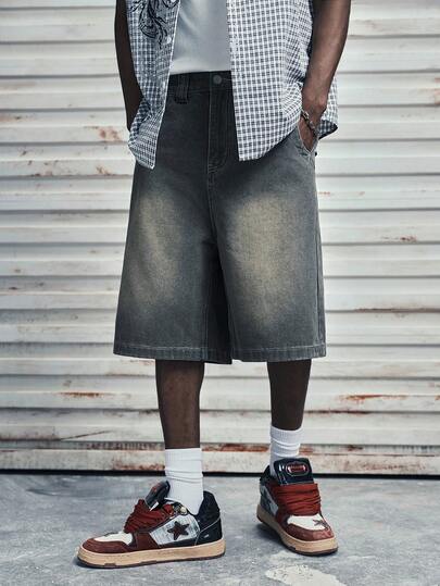  MODCRASH Globe Swift 男士牛仔刺绣印花短裤，春夏款，复古美式，男女皆宜，宽松版型夏季服装——适合日常穿着和夏季度假穿着。