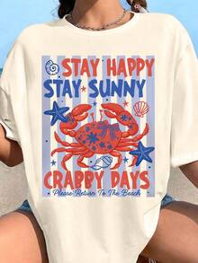 EMERY ROSE Vacation-Style Crabby Days T-Shirt With Marine Elements And Blue Stripes. Printed Casual Plus-Size T-Shirt. - Beige - View 3