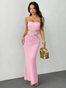 SHEIN PETITE 女士吊带蕾丝透视连衣裙，性感派对装、约会装、节日装，适合秋冬季节，可作内搭。 - 淺粉色 - 查看 3