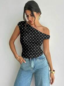 Firerie Áo croptop nữ thanh lịch, bất đối xứng, xếp ly, kiểu dáng vintage chấm bi, thích hợp cho kỳ nghỉ, dạo phố, đi làm. - màu đen - Xem 5