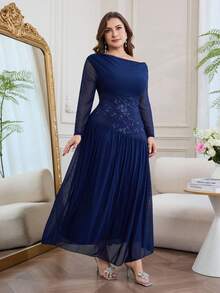 Modelyn Plus Size Women Floral Embroidery Off-Shoulder Long Sleeve Elegant Maxi Dress - Navy Blue - View 5