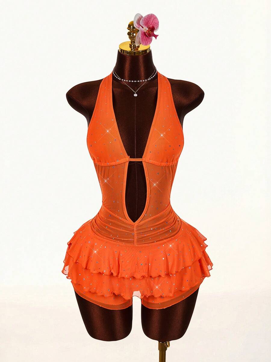 Amplova Mono con lentejuelas sexy y con espalda descubierta para mujer - Naranja - Ver 1