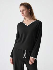 SHEIN Contrast Binding Notched Neckline Knot Front Lounge Set, Fall Winter Clothes, Cozy Outfit - Black - View 6