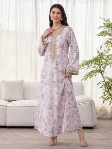 Al Najma 女士花卉印花钩编拼接长袖连衣裙，优雅端庄的A字型卡夫坦长袍，适合晚宴/婚礼宾客/周年纪念/日常穿着 - 淡紫色 - 查看 5