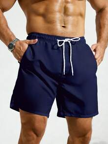 ZELFYO Men Solid Drawstring Waist Swim Trunks - Navy Blue - View 4