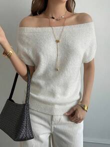 DAZY Áo len nữ tay ngắn hở vai thanh lịch - trắng - Xem 3