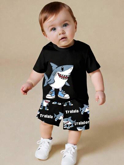 2pcs Baby Boy Casual Comfortable Versatile Set, Sports Outfit, Mythical Creature & Shark Graphic Print, All-Over Print Design, Ideal For Spring/Summer, Fashionable Casual Wear, Back To School, Suitable For Outdoor Picnic, Street Photography, Campus, Festivals, Gifts