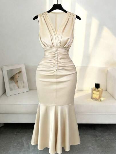 Elenzga Nuevo vestido midi elegante de punto de cuello en V sin mangas de unicolor con diseño plisado, decoración de perlas y volantes en el bajo, favorecedora y grácil para vacaciones, fiestas, Día de San Valentín