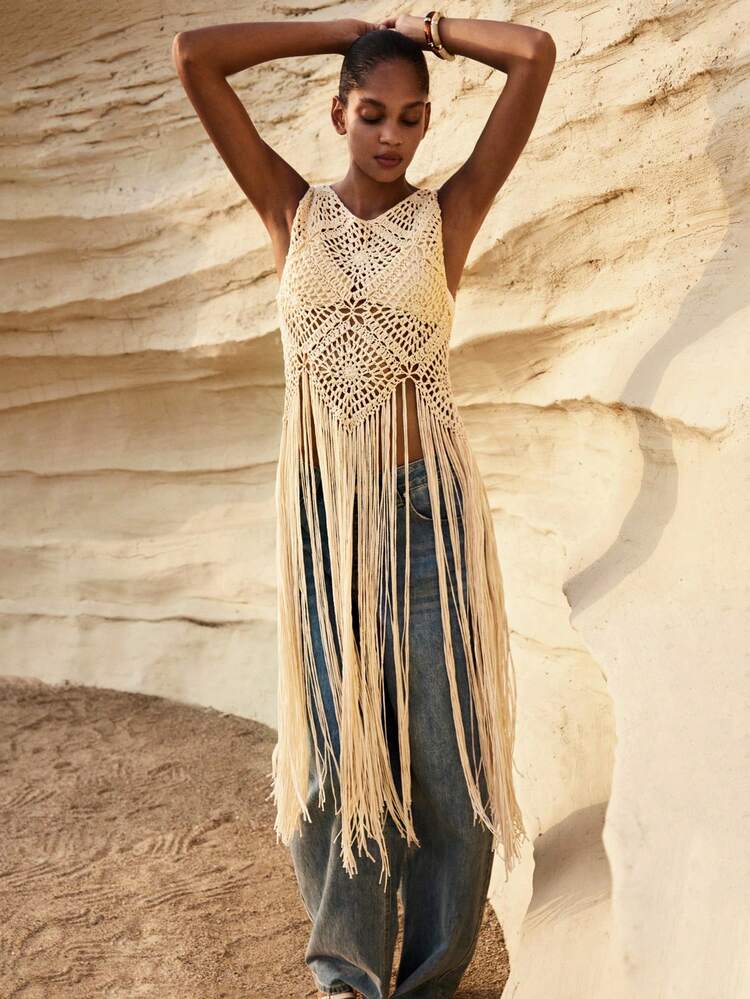 SHEIN Maija Women's Hollow Out Fringed Hem Sleeveless Knit Top,Light Beige,Summer,Boho,Beach,Holiday,Holiday,Vintage Old Money Teacher Party Graduation