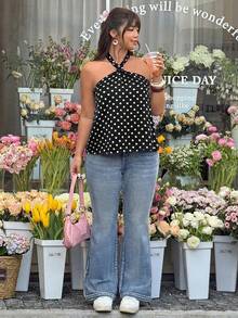 GalTyme 大码女式夏季复古沙滩度假黑白波点系带露背上衣 - 黑與白 - 查看 3