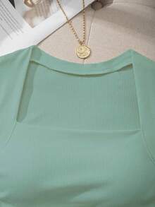 SHEIN EZwear Top décontracté polyvalent à plis de couleur unie pour femme - Vert - Voir 7