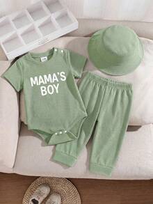 SHEIN Playful Pals Bộ 3 món cho bé trai sơ sinh: Áo liền quần kiểu Anh cổ điển màu xanh lá nhạt, hở vai, quần cạp chun và mũ in hình, size 3-12 tháng. - Màu xanh Ô liu - Xem 1