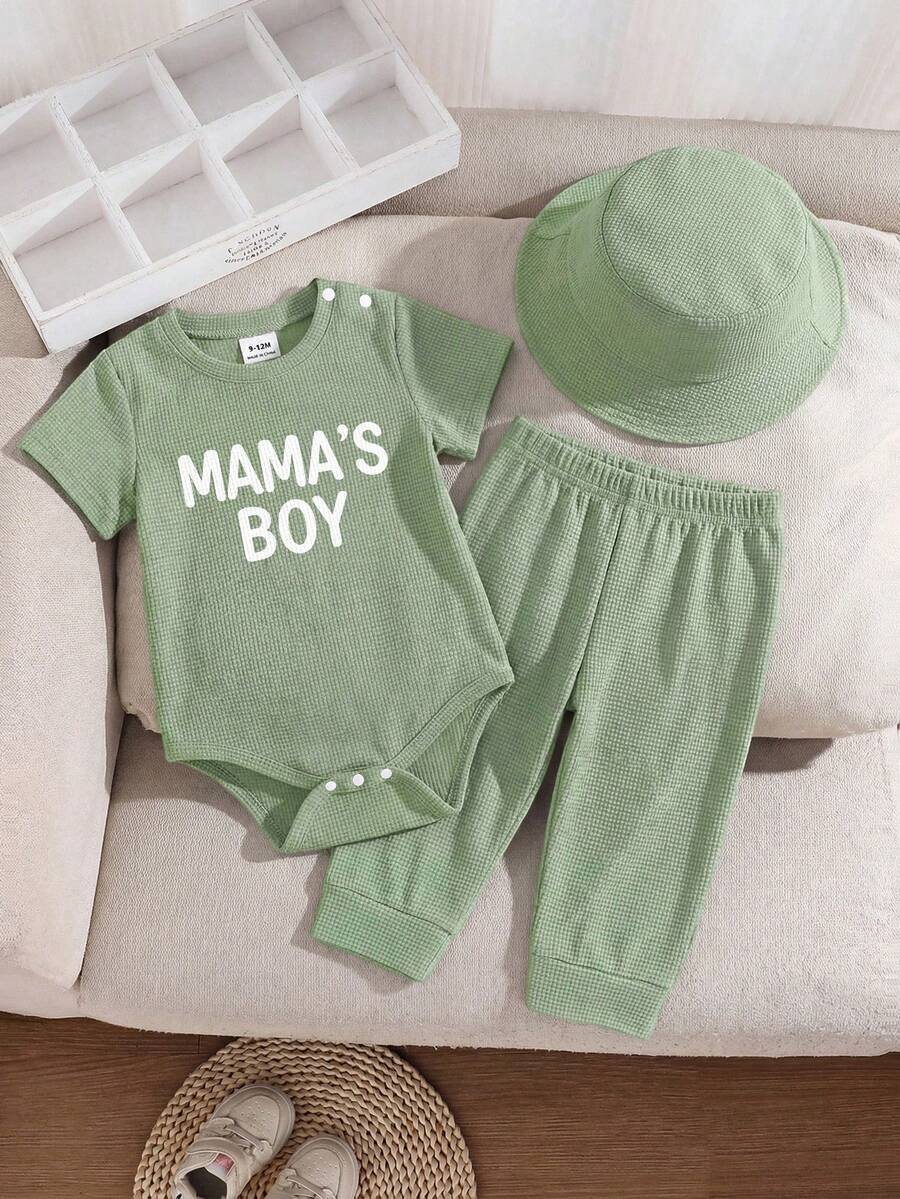 SHEIN Playful Pals Bộ 3 món cho bé trai sơ sinh: Áo liền quần kiểu Anh cổ điển màu xanh lá nhạt, hở vai, quần cạp chun và mũ in hình, size 3-12 tháng. - Màu xanh Ô liu - Xem 1