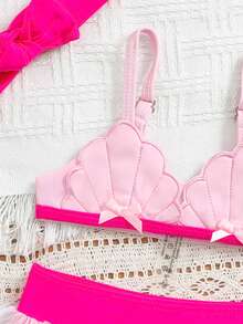 SHEIN Ensemble de maillot de bain pour bébé fille avec décoration de nœud et broderie de coquillage, tenue de plage pour les vacances d'été - Multicolore - Voir 3