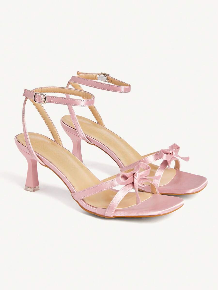 CUCCOO CHICEST Giày sandal cao gót quai chéo màu hồng satin, gót vuông, nơ, hở mũi. - Hồng - Xem 1