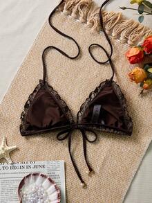 Swim Mod Áo bikini tam giác buộc dây họa tiết hoa dễ thương cho nữ mùa hè, kiểu dáng gợi cảm, hở lưng, chất liệu vải lưới. - Cà phê nâu - Xem 2