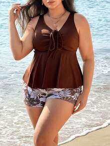 Swim Lushoire Tankini de talla grande con estampado floral y cuello en V, estilizador y favorecedor para vacaciones de primavera - Multicolor - Ver 4