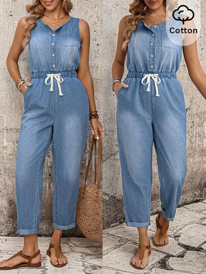 EMERY ROSE Women's Button Front Drawstring Waist Pockets Sleeveless Casual Denim Jumpsuit Summer Carnival Costume Commuting Vacation Graduation Chic Y2k Cute Streetwear Party Wedding Elegant Business Casual Woman Business Beach Graduation Easter Women's Denim Sleeveless Overalls With Drawstring Waist Casual Jumpsuit Light Blue Denim Overalls For Women Sleeveless With Elastic Waist And Pockets