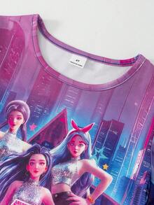 2件套女童休闲时尚卡通/韩流图案印花圆领短袖上衣+星星印花喇叭裤夏季套装 - 彩色 - 查看 4