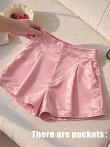 Franclia Casual Pink Plus Size Straight Leg Mini Shorts With Satin Finish And Zipper - Pink - View 7