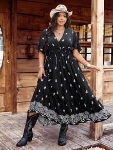 Ceyna Plus Size Black Woven Casual Vacation Elegant Drawstring Shoulder Sleeve Waist Dress, Spring/Summer Boho Plus Size Dresses Plus Size Women's Clothing Stores Online Plus Size Rodeo Outfits Plus Size Western Dresses For Women Plus Size Cowgirl Dress - Black - View 2