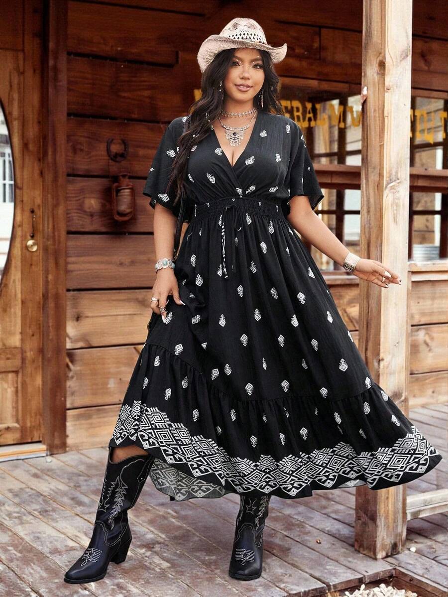 Ceyna Plus Size Black Woven Casual Vacation Elegant Drawstring Shoulder Sleeve Waist Dress, Spring/Summer Boho Plus Size Dresses Plus Size Women's Clothing Stores Online Plus Size Rodeo Outfits Plus Size Western Dresses For Women Plus Size Cowgirl Dress