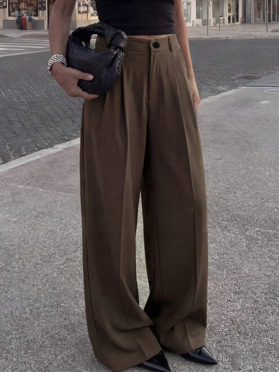DAZY Casual Business Style Pleated Slant Pocket Loose Straight Leg Pants - Coffee Brown - View 1