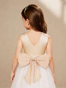 SHEIN Glamorique Kids 女童白色蝴蝶结腰身V领露背刺绣优雅派对连衣裙，适合所有季节 - 白色 - 查看 3