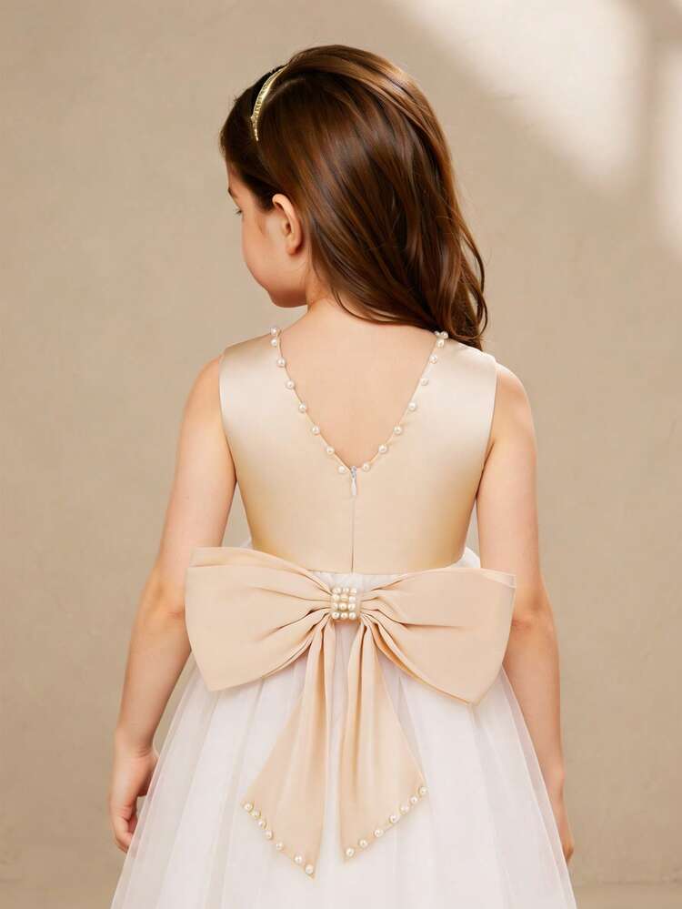 SHEIN Glamorique Kids 女童白色蝴蝶结腰身V领露背刺绣优雅派对连衣裙，适合所有季节 - 白色 - 查看 3