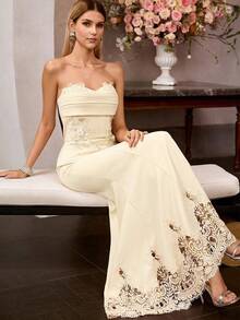 MOTF Soiréza Đầm dạ hội đuôi cá phối ren tương phản dành cho nữ, trang phục dự tiệc trang trọng. - Màu be - Xem 1