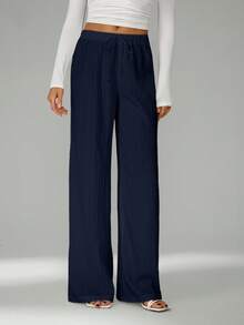 SHEIN Tall Quần ống rộng cạp chun, chất liệu vải nhăn có họa tiết. - Màu xanh hải quân - Xem 10