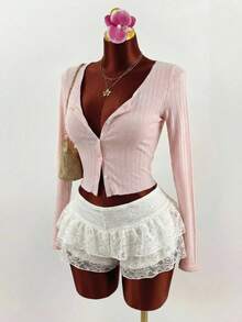 DAZY Textured Striped Pink Long Sleeve Women T-Shirt With Heart Buttons Decor, Suitable For Spring And Summer Y2k - Pink - View 4