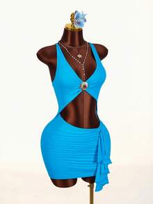 Amplova 女士性感镂空系带露背无袖迷你连衣裙，适合度假 - 藍色 - 查看 5