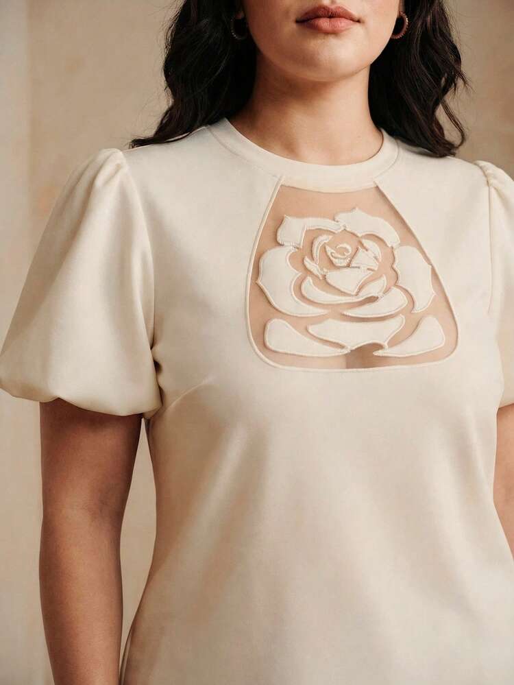 Anewsta Spring/Summer Plus Size Women's T-Shirt, Elegant Resort Embroidered Rose Short Puff Sleeve T-Shirt, Suitable For Daily Wear, Spring/Summer, Holidays, Commuting, Beach, Vacation