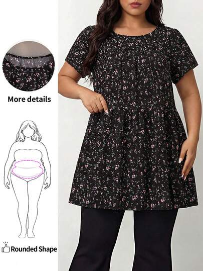 Enliva Plus Size Women's Ditsy Floral Round Neck Short Sleeve Casual Shirt,Summer Outfits For Women,Vacation Outfits For Women,Holiday Outfits Boho,Autumn,Fall Women's Clothes,Fall Clothes,Teacher Outfits For Women,Flower/Spring