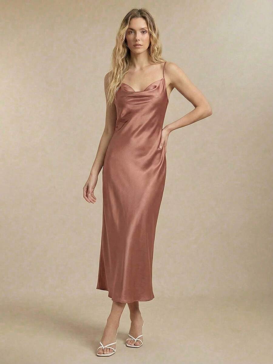 BizChic Đầm satin dài không tay cổ xếp ly dành cho nữ mùa thu, thanh lịch, thích hợp cho đám cưới, công sở, hòa nhạc, dự tiệc cưới. - Gỗ đỏ - Xem 1